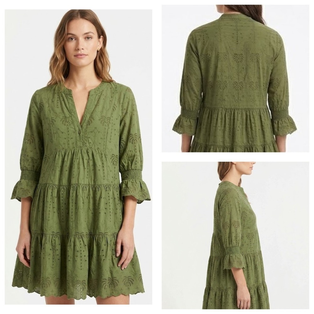 Crown & Ivy Tiered Mini Dress Womens L Olive Green Embroidered Eyelet Boho Beach